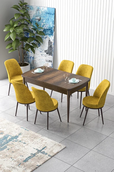 Canisa Zen Serisi 80x132 Mdf Açılabilir Barok Ahşap Desen Masa Takımı Ve 6 Hardal Sandalye ürün görseli 1