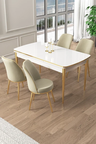 Canisa Pale Serisi 80x132 Açılabilir Beyaz Mutfak Masa Takımı 4 Krem Sandalye Gold Detay ürün görseli 1