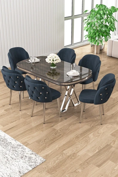Canisa Zae Serisi 90x168 Lak Panel Antrasit Ironi Krom Ayak Masa Takımı 6 Antrasit Sandalye ürün görseli 1