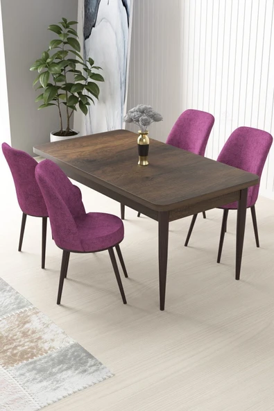 Canisa Nil Serisi 70x110 Sabit Barok Ahşap Desen Masa Takımı ve 4 Mor Sandalye ürün görseli 1