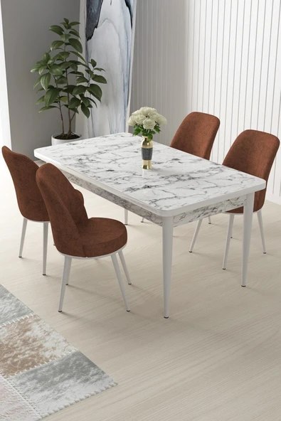 Canisa Nil Serisi 70x110 Sabit Mutfak Masası Takımı Beyaz Mermer Desen Masa 4 Kiremit Sandalye ürün görseli 1