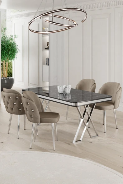 Canisa Rigel Serisi 80x130 Lak Panel Siyah Mermer Desen Masa Takımı Krom Ayaklı 4 Cappucino Sandalye ürün görseli 1