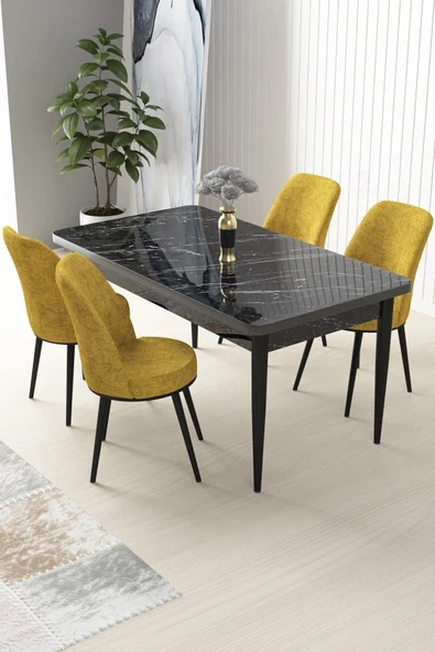 Canisa Nil Serisi 70x110 Sabit Mutfak Masası Takımı Siyah Mermer Desen Masa 4 Cappucino Sandalye ürün görseli 1