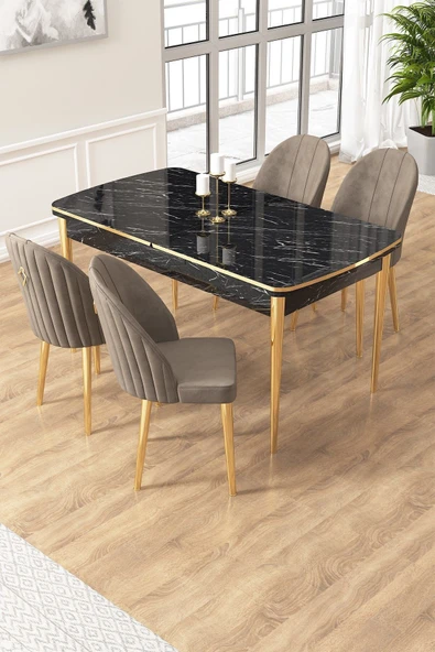 Canisa Edaf Serisi 80x132 Açılabilir Siyah Mermer Desen Mutfak Masa Takımı 4 Cappucino Sandalye Gold Detay ürün görseli 1