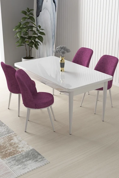 Canisa Nil Serisi 70x110 Sabit Mutfak Masası Takımı Beyaz Masa 4 Mor Sandalye ürün görseli 1