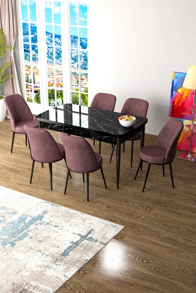 Canisa Zen Serisi 80x132 Mdf Açılabilir Siyah Mermer Desen Masa Takımı Ve 6 Gül Kurusu Sandalye ürün görseli 1