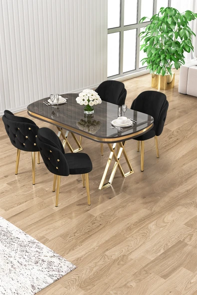 Canisa Zae Serisi 90x168 Lak Panel Antrasit Ironi Gold Ayak Masa Takımı 4 SiyahSandalye ürün görseli 1