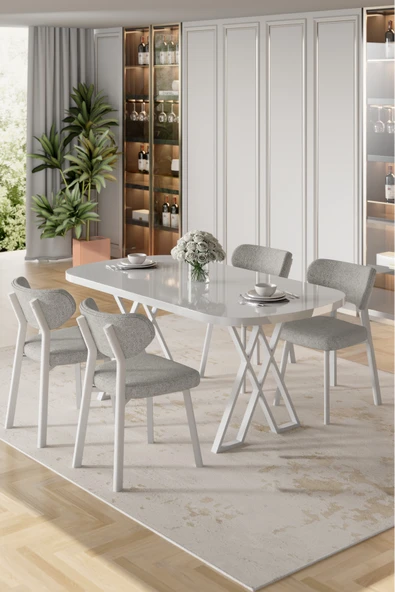 Canisa Axton Serisi Sabit Mdf 90x168 Beyaz Mutfak Masa Takımı 4 Siyah Sandalye ürün görseli 1