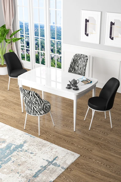 Canisa Concept Kor Serisi 70x114 Açılabilir MDF Mutfak Masası Takımı Beyaz Masa 2 Zebra Desen 2 Siyah Sandalye ürün görseli 1