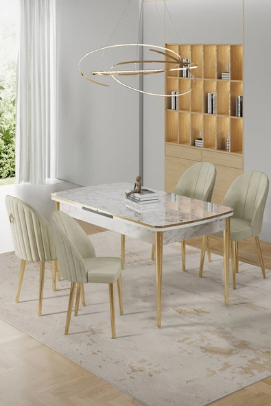 Canisa Rada Serisi 80x132 Açılabilir Lak Panel Beyaz Mermer Desen Masa 4 Krem Sandalye Gold Detay ürün görseli 1