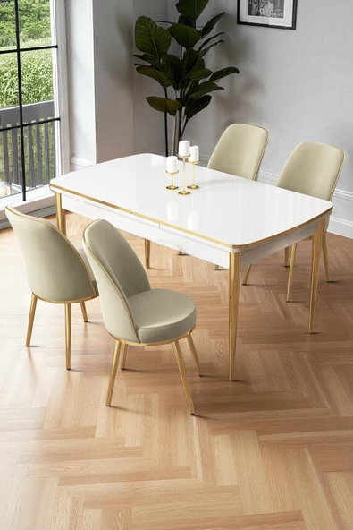 Canisa Nira Serisi 70x114 Mdf Açılabilir Beyaz Mutfak Masa Takımı 4 Krem Sandalye Gold Detay ürün görseli 1