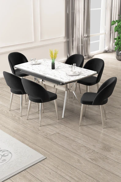 Canisa Weps Serisi 89x150 Açılabilir Lak Panel Beyaz Mermer Krom Ayak Masa Takımı ve 6 Siyah Sandalye ürün görseli 1