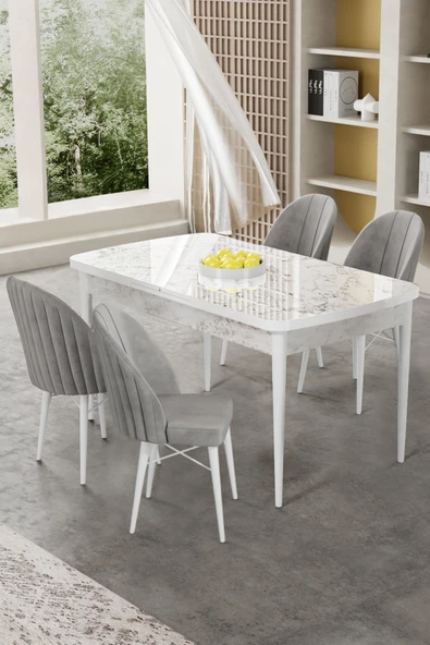 Canisa Gale Serisi 80x132 Açılabilir Lak Panel Beyaz Mermer Desen Mutfak Masa Takımı 4 Gri Sandalye ürün görseli 1
