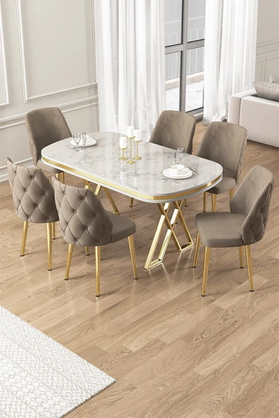 Canisa Afe Serisi 90x168 Lak Panel Beyaz Mermer Desen Gold Ayak Masa Takımı 6 Cappucino Sandalye ürün görseli 1