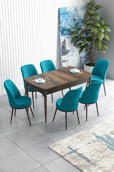 Canisa Han Serisi 70x114 Açılabilir Mdf Mutfak Masası Takımı Barok Desen Masa 6 Turkuaz Sandalye ürün görseli 1