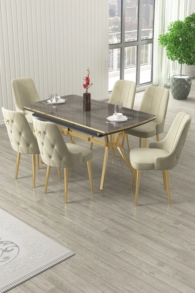 Canisa Nis Serisi 89x150 Açılabilir Lak Panel Antrasit İroni Gold Ayak Masa Takımı ve 6 Krem Sandalye ürün görseli 1