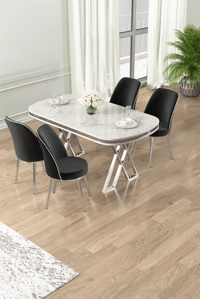 Canisa Lai Serisi 90x168 Lak Panel Beyaz Mermer Desen Masa ve 4 Sandalye Krom Ayak ürün görseli 1
