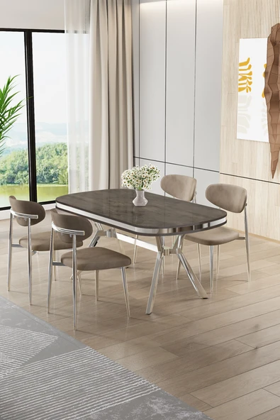 Canisa Olya Serisi 90x168 MDF Sabit Lak Panel Antrasit İroni Masa Takımı Krom Ayaklı 4 Cappucino Sandalye ürün görseli 1