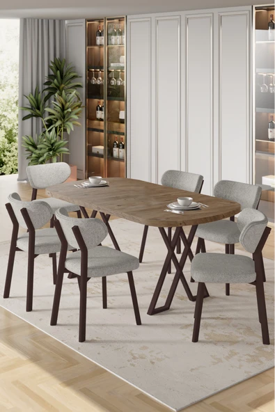 Canisa Axton Serisi Sabit Mdf 90x168 Atlantik Çam Mutfak Masa Takımı 6 Gri Sandalye ürün görseli 1