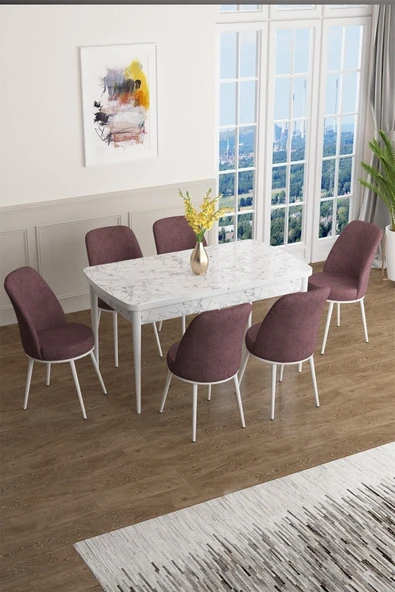 Canisa Han Serisi 70x114 Açılabilir Mdf Mutfak Masası Takımı Beyaz Mermer Desen Masa 6 Gül Kurusu Sandalye ürün görseli 1