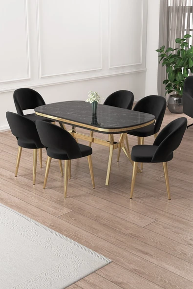 Canisa Jita Serisi 90x168 Lak Panel Siyah Mermer Gold Ayak Masa Takımı ve 6 Siyah Sandalye ürün görseli 1