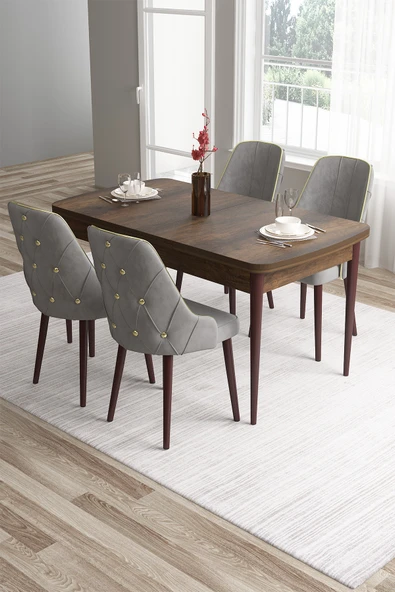Canisa Tia Serisi 80x132 Açılabilir Mdf Mutfak Masası Takımı Barok Desen Masa 4 Gri Sandalye ürün görseli 1