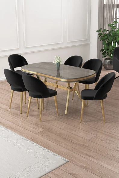Canisa Jita Serisi 90x168 Lak Panel Antrasit İroni Gold Ayak Masa Takımı ve 6 Siyah Sandalye ürün görseli 1
