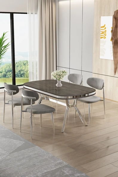 Canisa Olya Serisi 90x168 MDF Sabit Lak Panel Antrasit İroni Masa Takımı Krom Ayaklı 4 Gri Sandalye ürün görseli 1