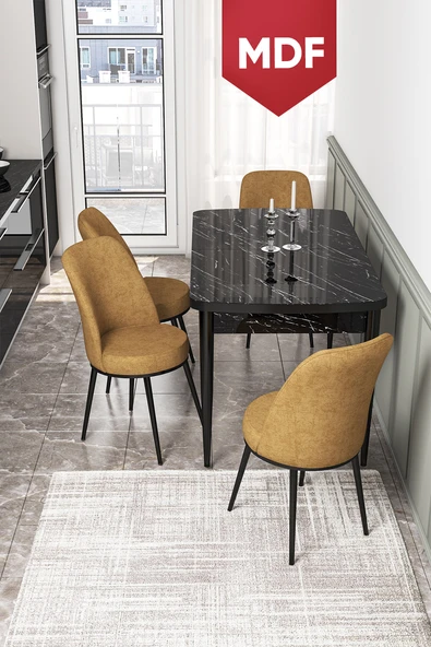 Canisa Kor Serisi 70x114 Açılabilir MDF Mutfak Masası Takımı Siyah Mermer Desen Masa 4 Cappucino Sandalye ürün görseli 1