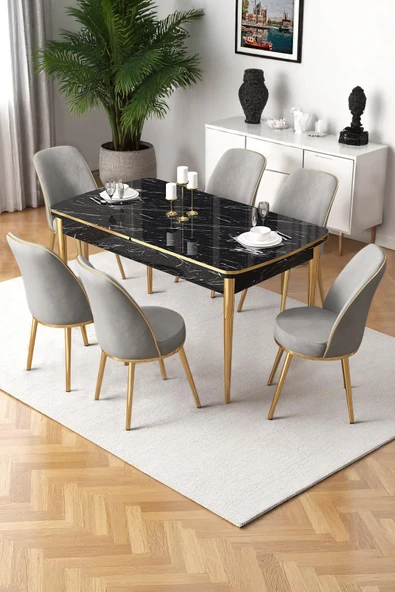 Canisa Nira Serisi 70x114 Mdf Siyah Mermer Desen Mutfak Masa Takımı 6 Gri Sandalye Gold Detay ürün görseli 1