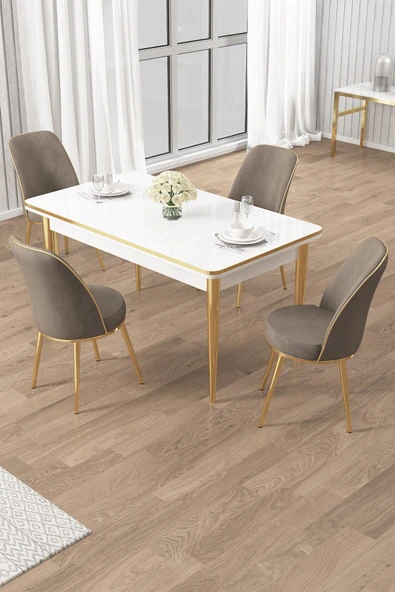 Canisa Rewa Serisi 70x110 Sabit Beyaz Gold Detay Masa Takımı ve 4 Cappucino Sandalye ürün görseli 1