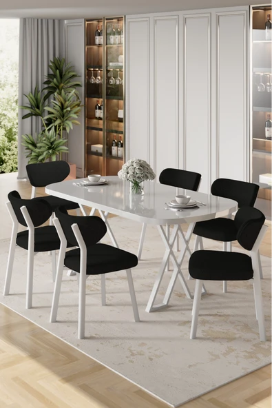 Canisa Axton Serisi Sabit Mdf 90x168 Beyaz Mutfak Masa Takımı 6 Siyah Sandalye ürün görseli 1