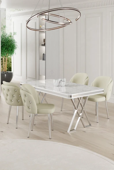 Canisa Rigel Serisi 80x130 Lak Panel Beyaz Mermer Desen Masa Takımı Krom Ayaklı 4 Krem Sandalye ürün görseli 1