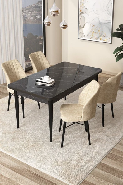 Canisa Arp Serisi 70x110 Sabit Mutfak Masası Takımı Siyah Mermer Desen Masa 4 Krem Sandalye ürün görseli 1