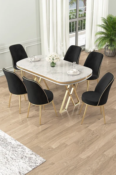 Canisa Lai Serisi 90x168 Lak Panel Beyaz Mermer Desen Gold Ayak Masa Takımı 6 Siyah Sandalye ürün görseli 1