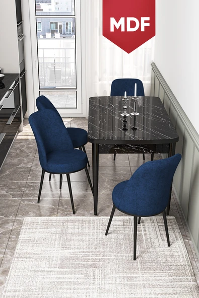 Canisa Kor Serisi 70x114 Açılabilir MDF Mutfak Masası Takımı Siyah Mermer Desen Masa 4 Lacivert Sandalye ürün görseli 1