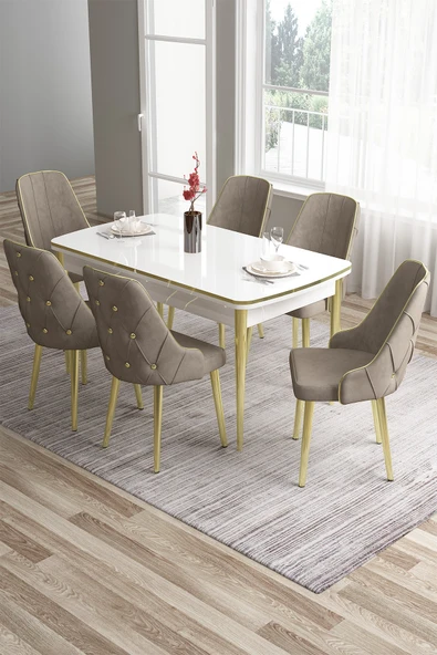 Canisa Tia Serisi 80x132 Açılabilir Mdf Beyaz Gold Detay Mutfak Masası Takımı Ve 6 Cappucino Sandalye ürün görseli 1