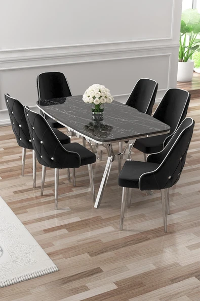 Canisa Asel Serisi 90x160 Lak Panel Siyah Mermer Desen Krom Detay Masa Takımı ve 6 Siyah Sandalye ürün görseli 1