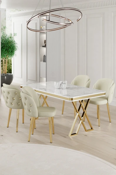 Canisa Rigel Serisi 80x130 Lak Panel Beyaz Mermer Desen Masa Takımı Gold Ayaklı 4 Krem Sandalye ürün görseli 1