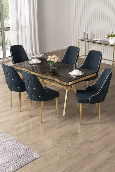 Canisa Vae Serisi 90x160 Lak Panel Antrasit Ironi Gold Ayak Masa Takımı 6 Antrasit Sandalye ürün görseli 1
