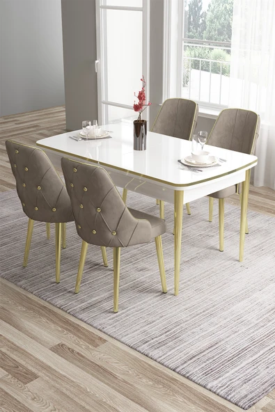 Canisa Tia Serisi Mdf 80x132 Açılabilir Beyaz Gold Detay Yemek Masası Takımı Ve 4 Cappucino Sandalye ürün görseli 1