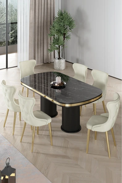 Canisa Galya Serisi Lak Panel 90x168 Sabit Sonata Mutfak Masa Takımı 6 Krem Sandalye ürün görseli 1