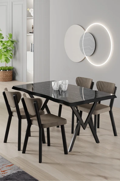 Canisa Akort Serisi MDF Sabit 80x130 Siyah Mermer Desen Mutfak Masası Takımı 4 Cappucino Sandalye ürün görseli 1