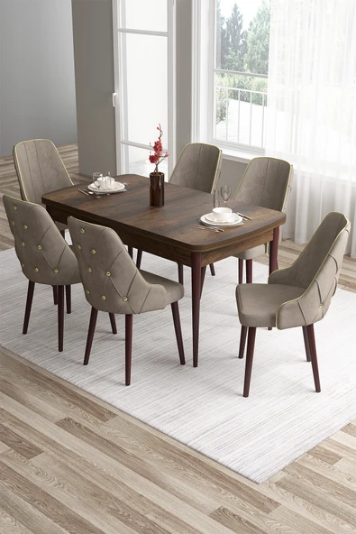 Canisa Tia Serisi 80x132 Açılabilir Mdf Mutfak Masası Takımı Barok Desen Masa 6 Cappucino Sandalye ürün görseli 1