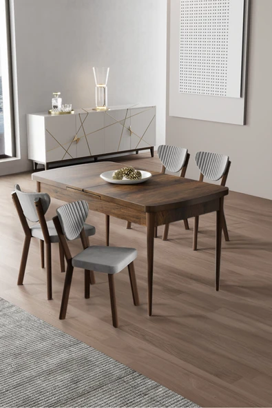 Canisa Exve Serisi 80x132 Açılabilir Barok Ahşap Desen Masa Takımı ve 4 Gri Sandalye ürün görseli 1