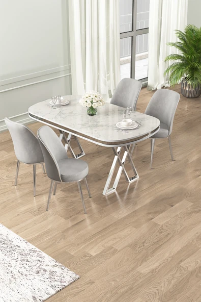 Canisa Lai Serisi 90x168 Lak Panel Beyaz Mermer Desen Masa ve 4 Sandalye Krom Ayak ürün görseli 1