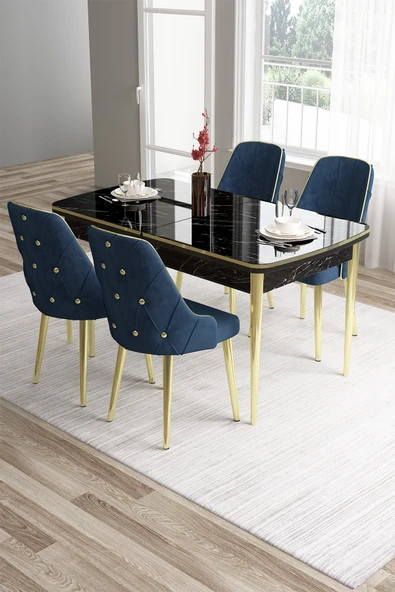 Canisa Tia Serisi 80x132 Açılabilir Mdf Siyah Mermer Desen Gold Detay Masa Takımı Ve 4 Lacivert Sandalye ürün görseli 1