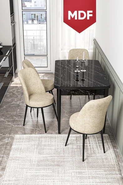 Canisa Kor Serisi 70x114 Açılabilir MDF Mutfak Masası Takımı Siyah Mermer Desen Masa 4 Krem Sandalye ürün görseli 1