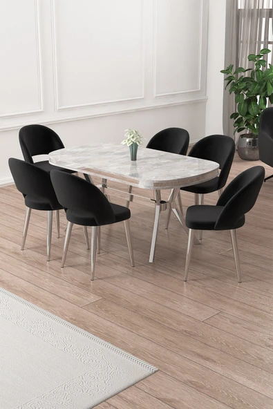 Canisa Jita Serisi 90x168 Lak Panel Rampla Gri Krom Ayak Masa Takımı ve 6 Siyah Sandalye ürün görseli 1