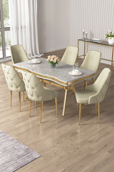 Canisa Vae Serisi 90x160 Lak Panel Beyaz Mermer Desen Gold Ayak Masa Takımı 6 Krem Sandalye ürün görseli 1